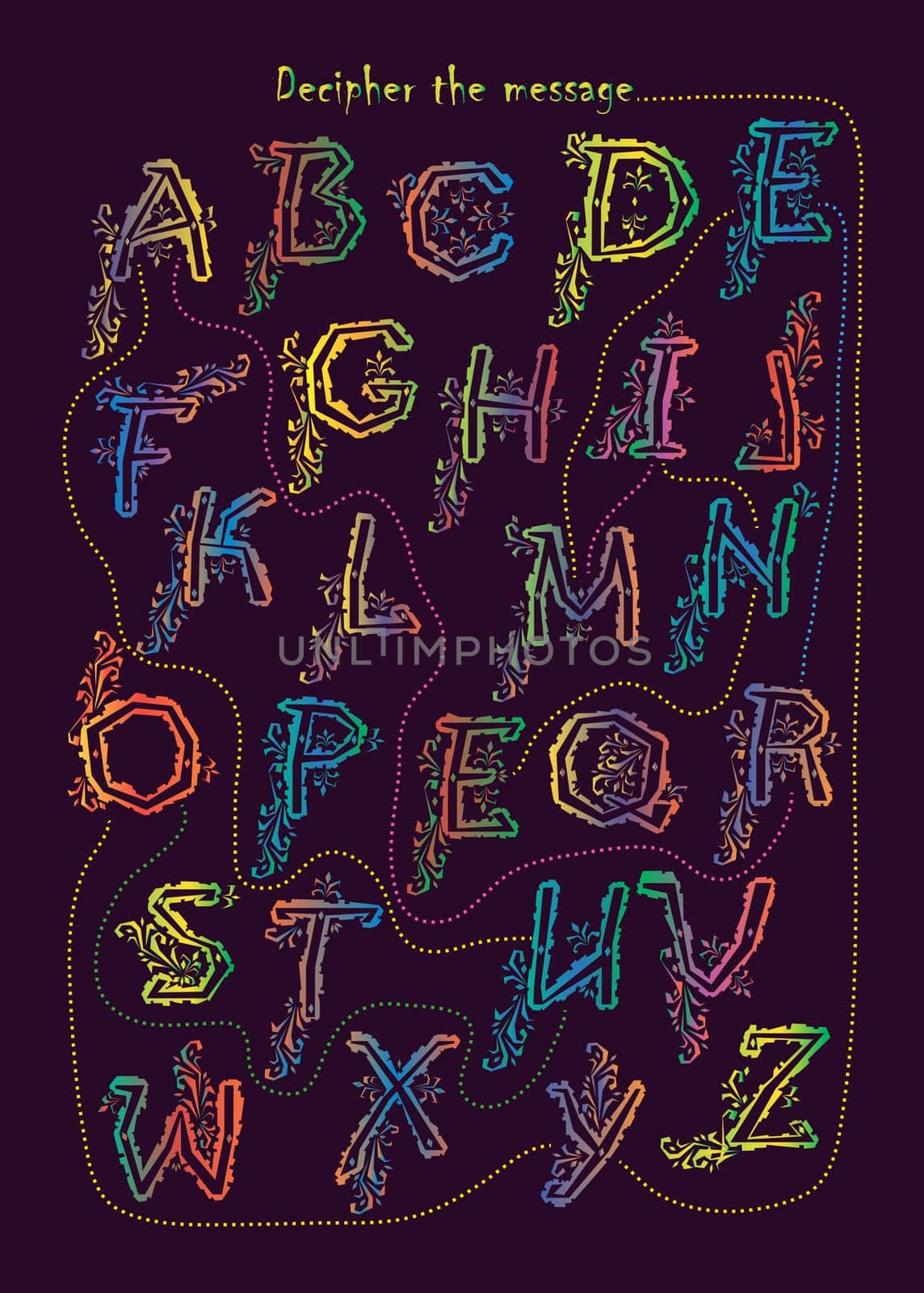 Artistic alphabet with encrypted romantic message - You are mine. Colorful letters with graceful decor. Black background.  Illustration