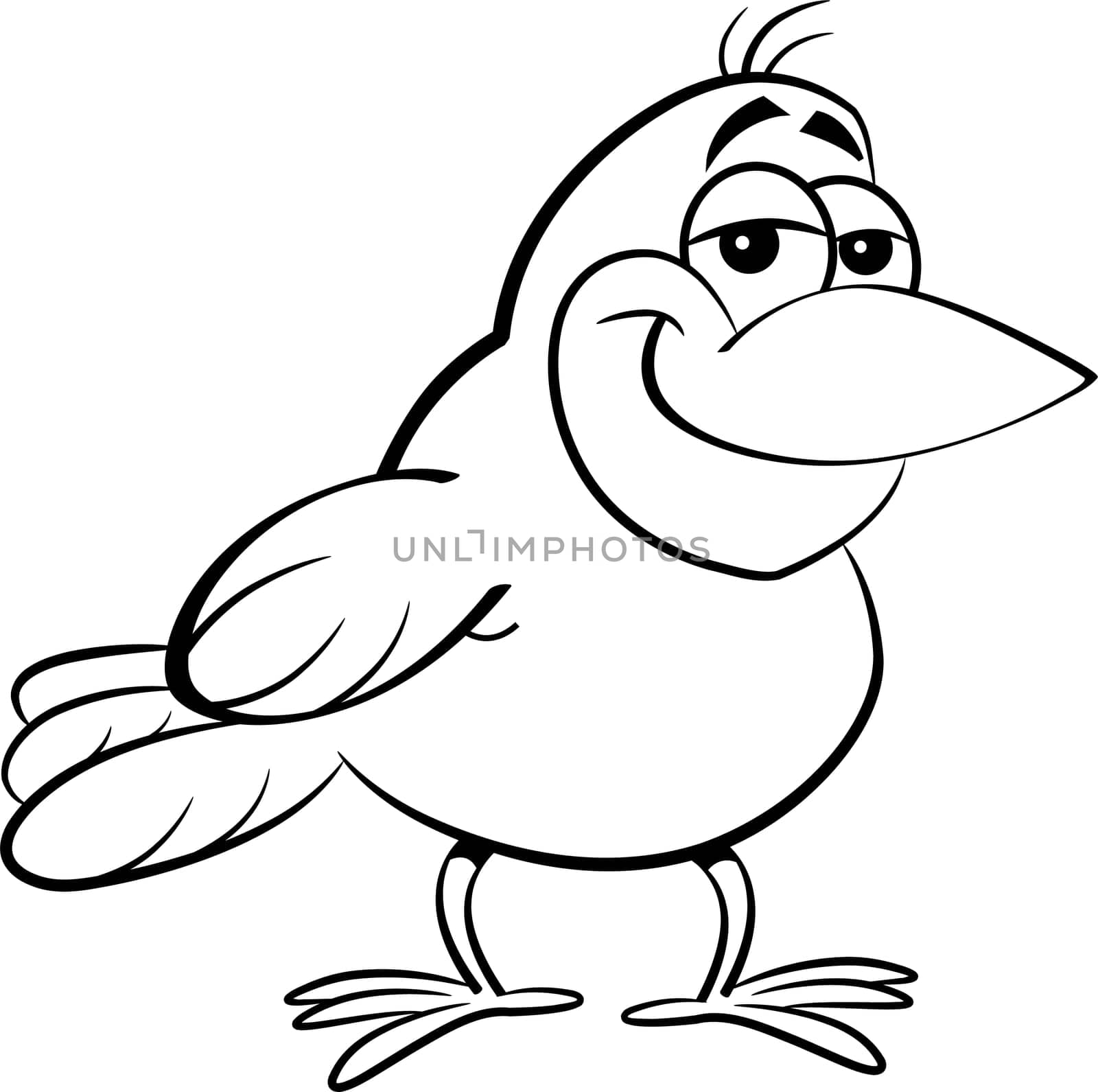 Black and white illustration of a smiling bird.