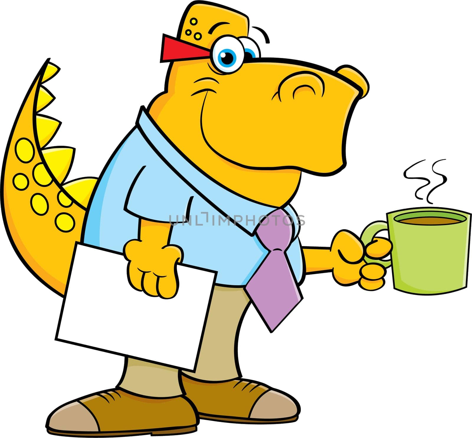 Cartoon illustration of a dinosaur holding a coffee cup.