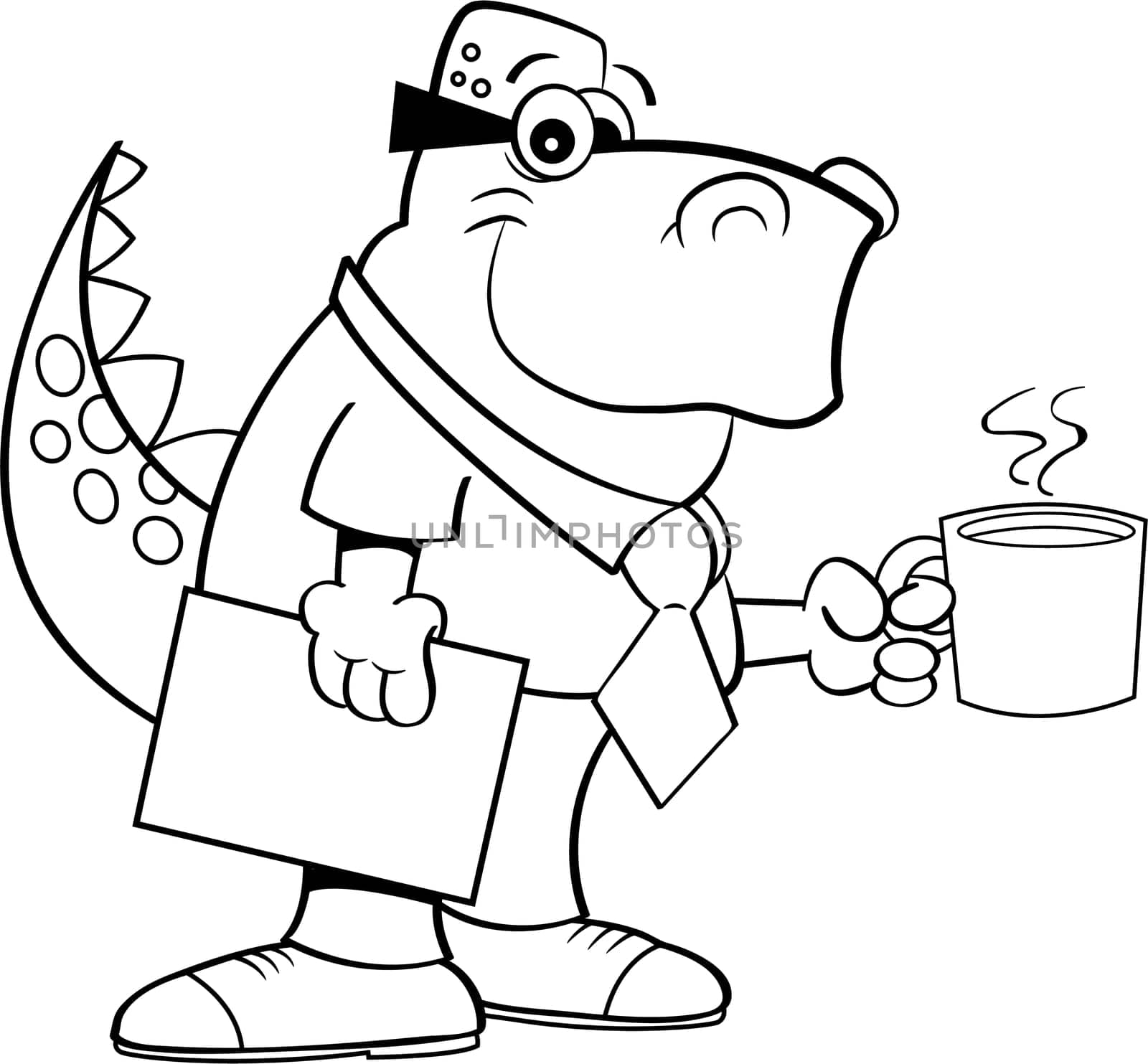 Black and white illustration of a dinosaur holding a coffee cup.