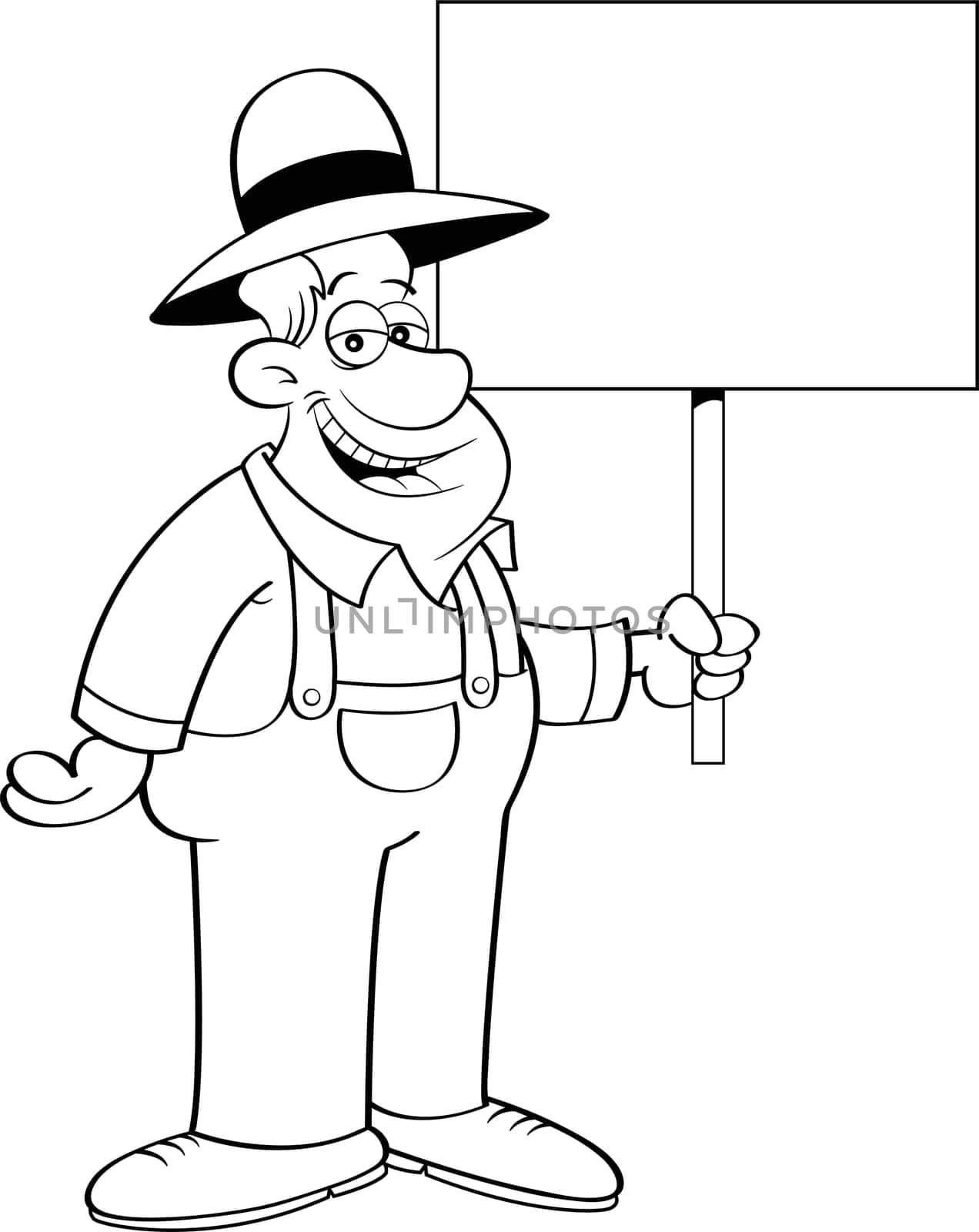 Black and white illustration of a farmer holding a sign.