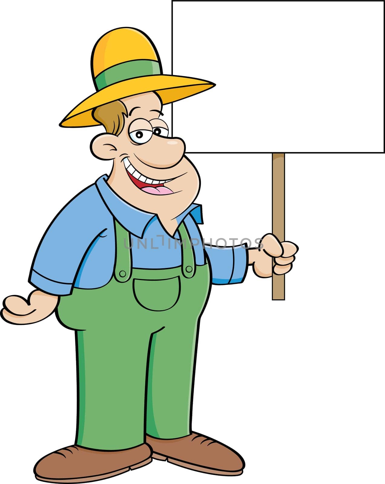 Cartoon illustration of a farmer holding a sign.