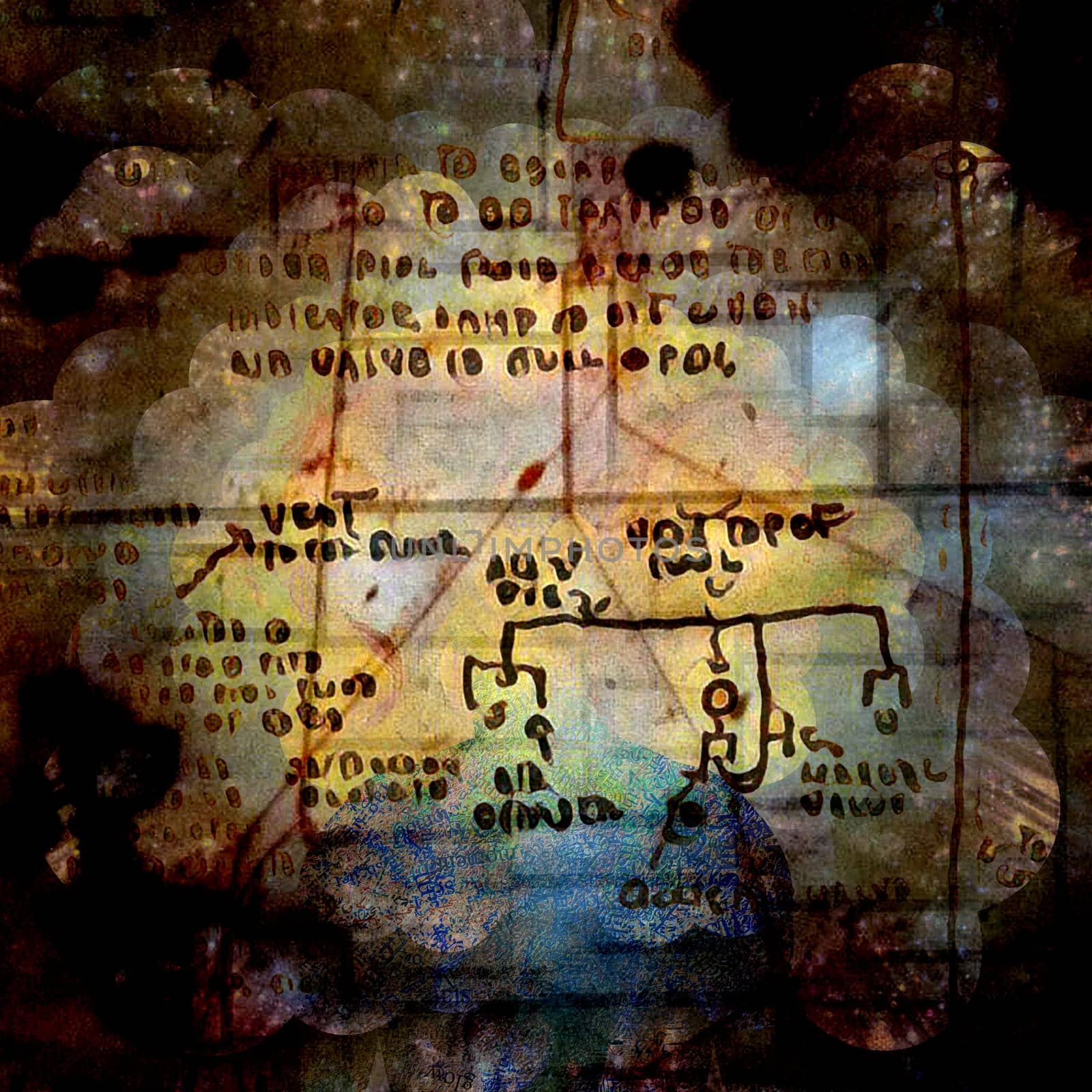 Surreal composition. Ancient script on the background
