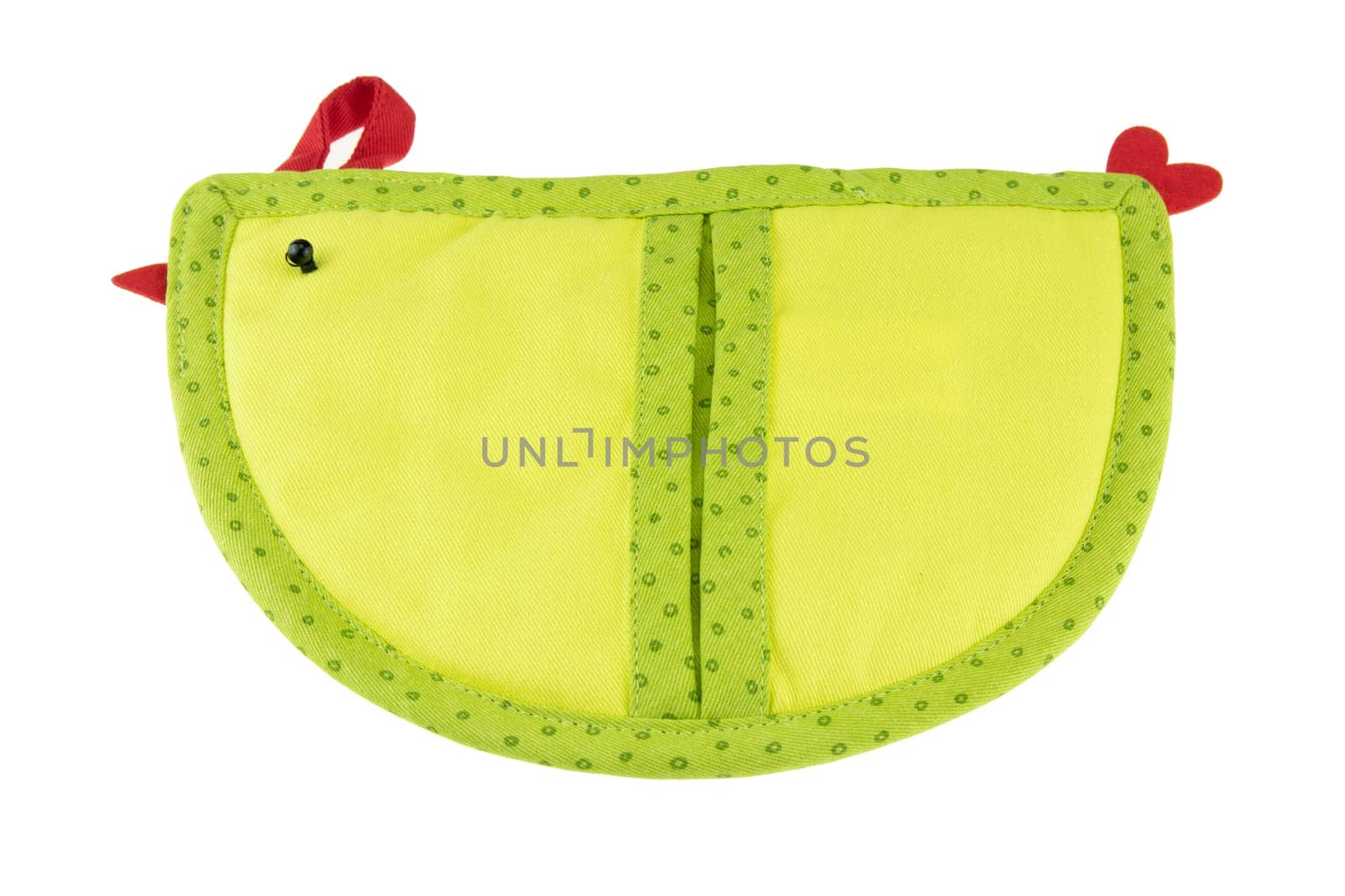 Kitchen textiles. Colorful pot holder with red heart for hot things in kitchen isolated on white. Back site.