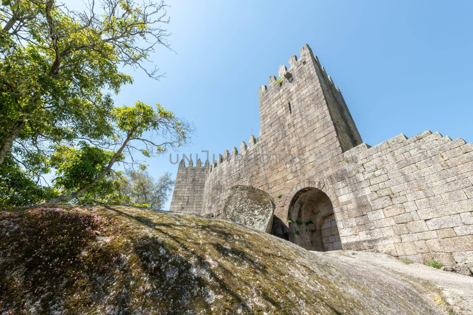 GUIMARAES, PORTUGAL - CIRCA APRIL 2018: The Castle of Guimaraes in the northern region of Portugal. It was built at the end of the 13th century following French influences.