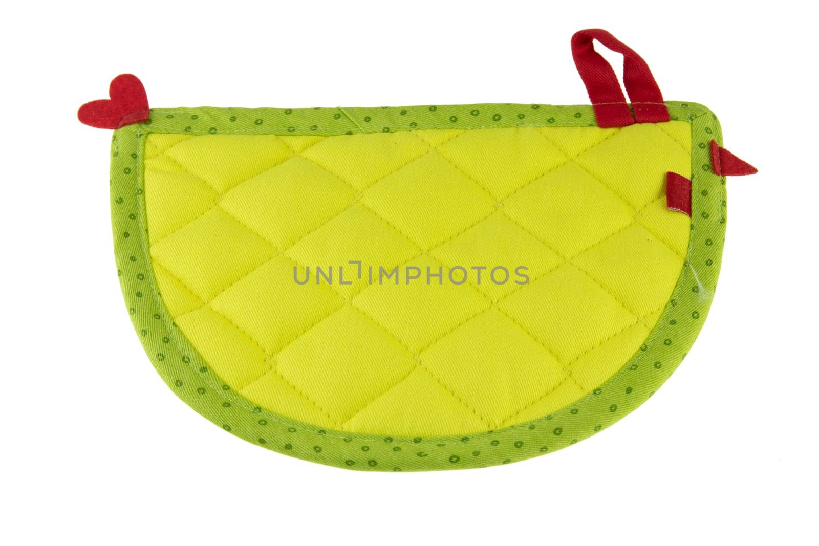 Kitchen textiles. Colorful pot holder with red heart for hot things in kitchen isolated on white. Front site.