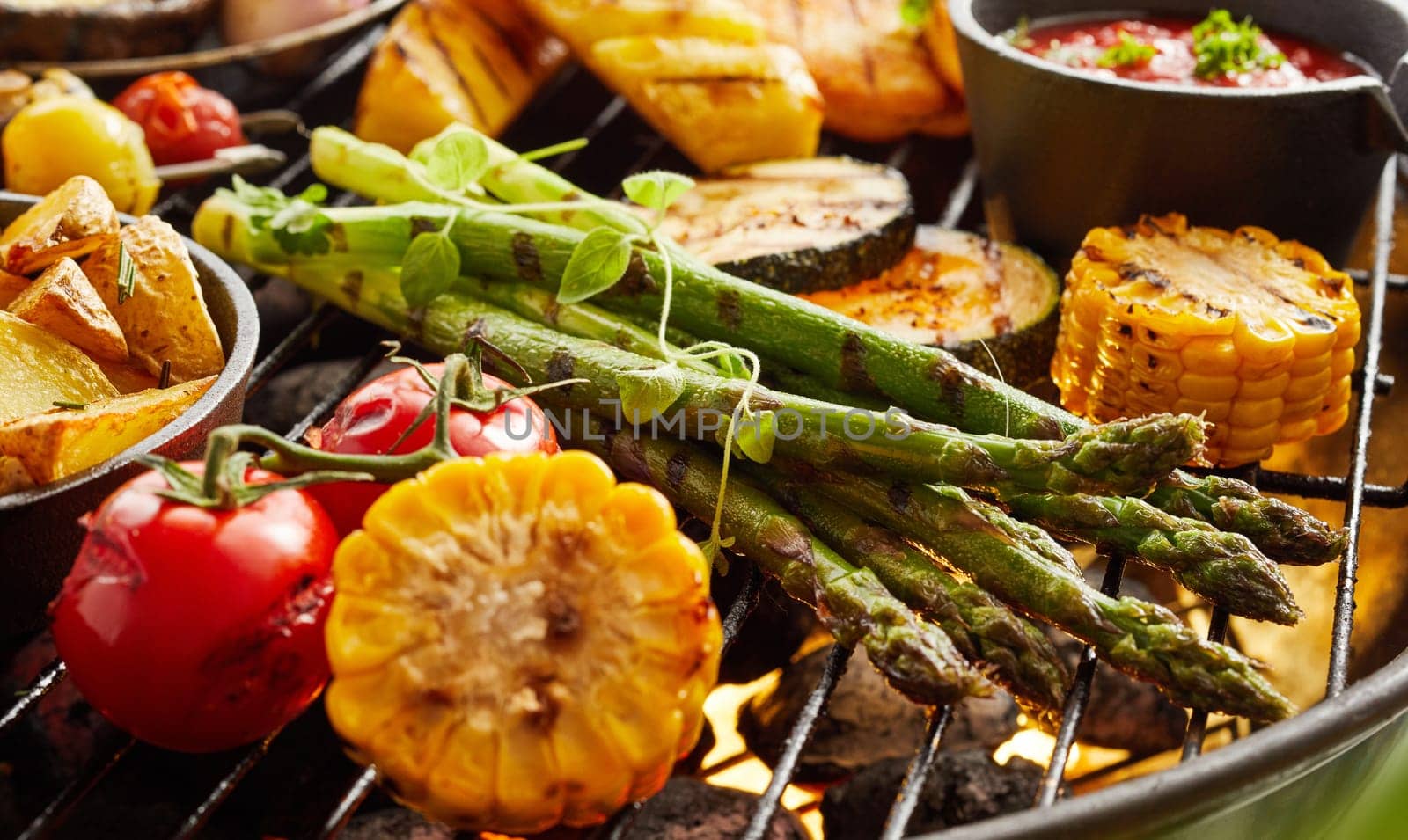 Healthy fresh summer vegetables grilling on a BBQ outdoors in the garden with zucchini, potato wedges, asparagus, tomato and corn on the cob garnished with herbs