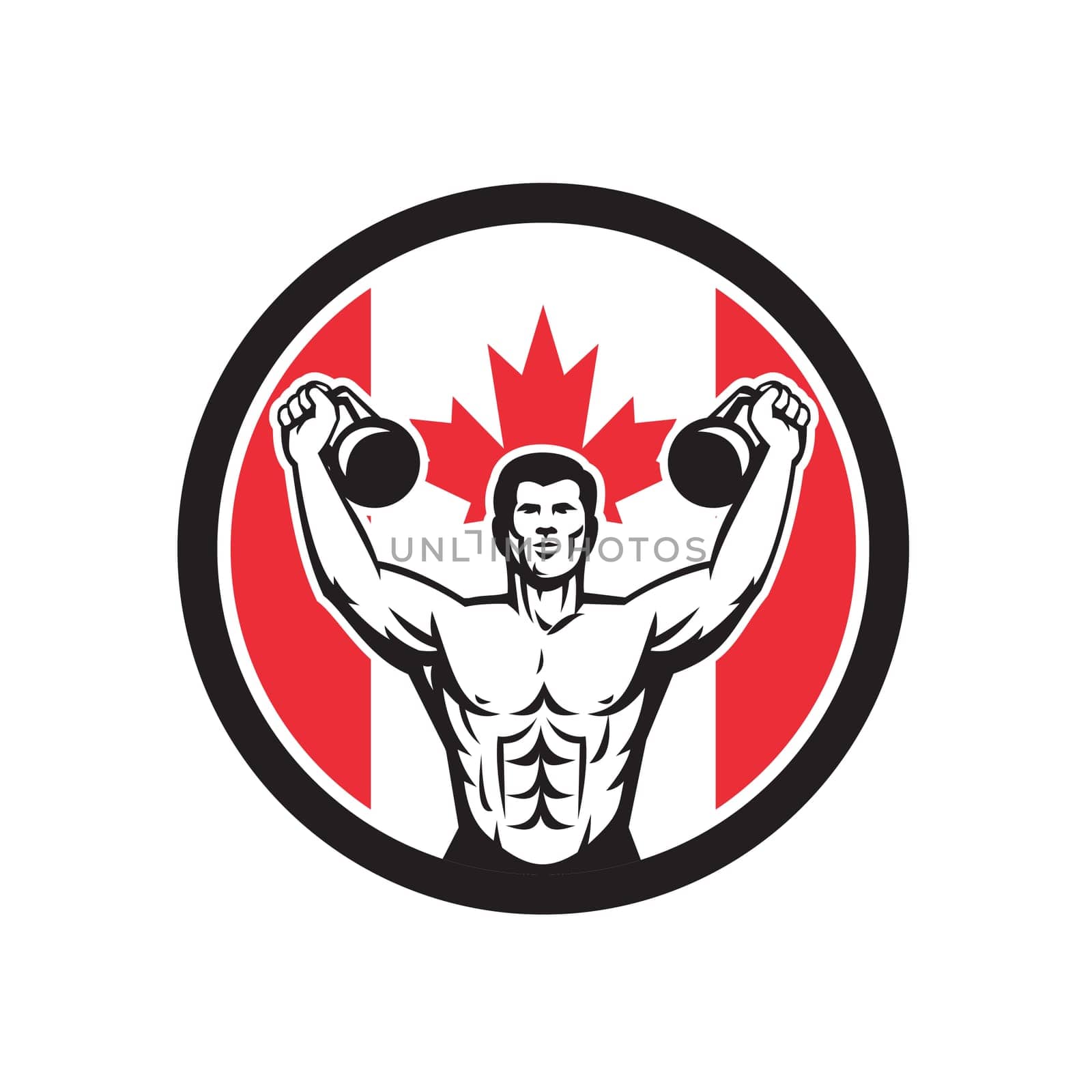 Icon retro style illustration of a Canadian physical fitness buff training with kettlebell and Canada maple leaf flag set inside circle on isolated background.