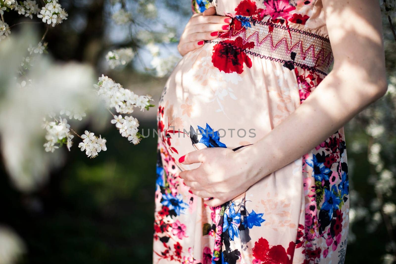 Spring, Young beautiful pregnant woman in the Orchard
