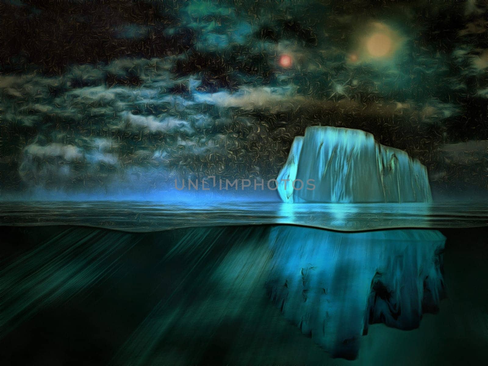 Surreal painting. Iceberg, starry sky.