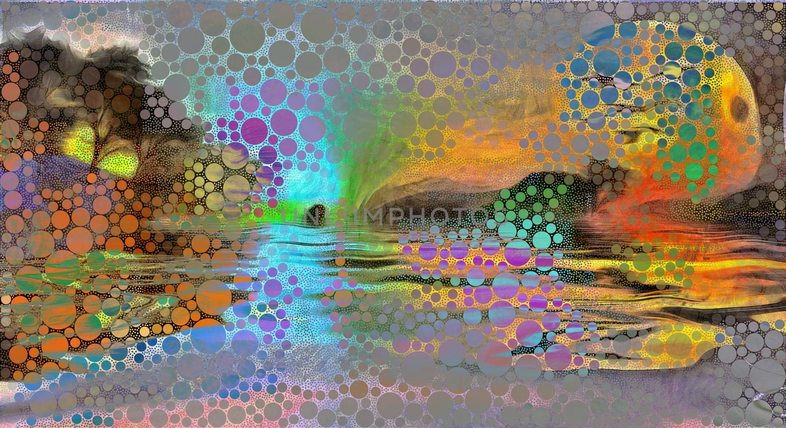 Sunset over forest lake. Circles pattern