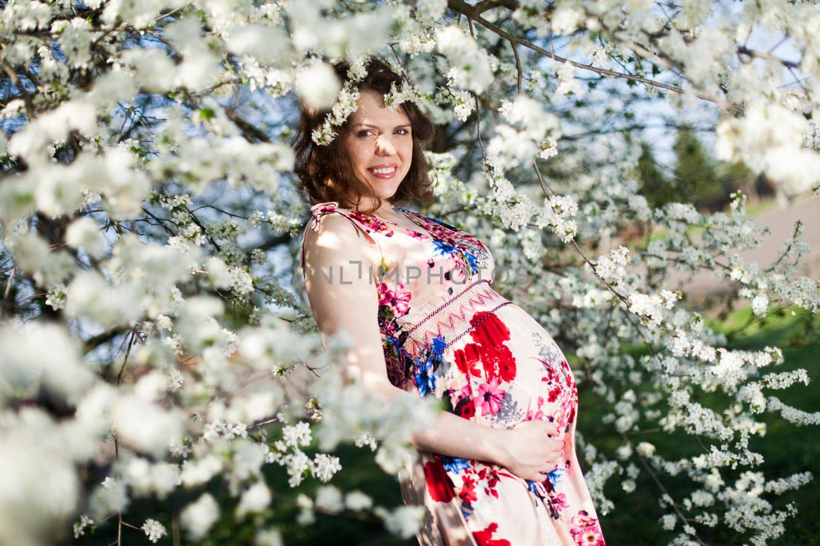 Beautiful pregnant woman relaxing outside in the Orchard