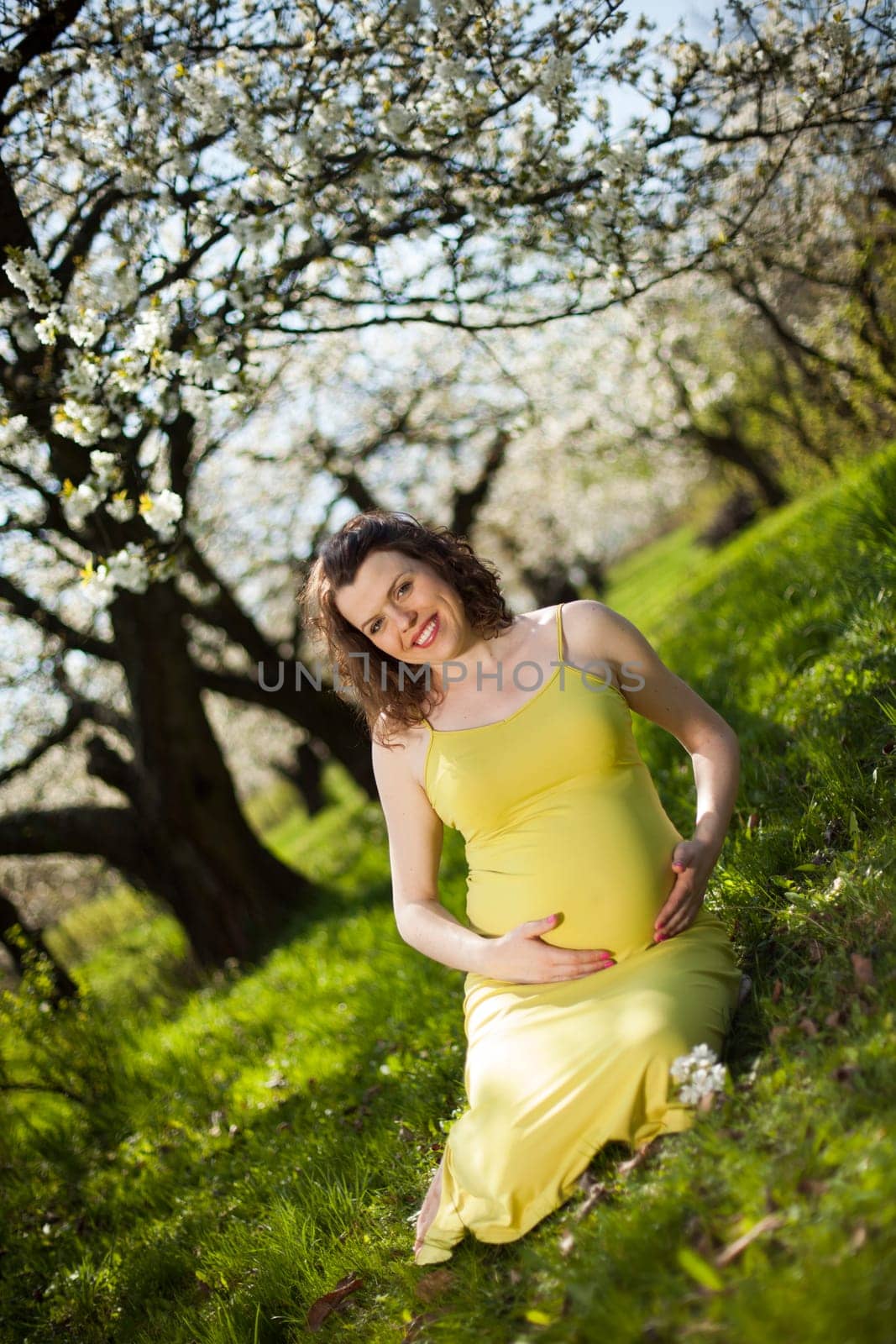 Spring, Young beautiful pregnant woman in the Orchard