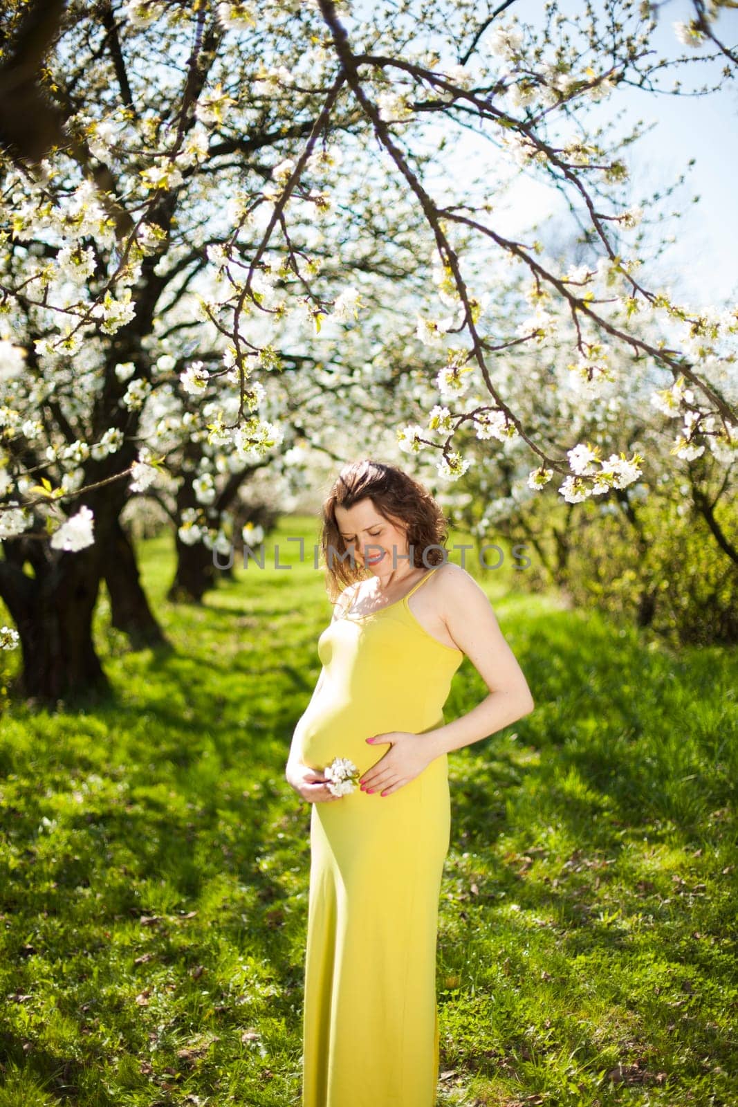Beautiful pregnant woman relaxing outside in the Orchard