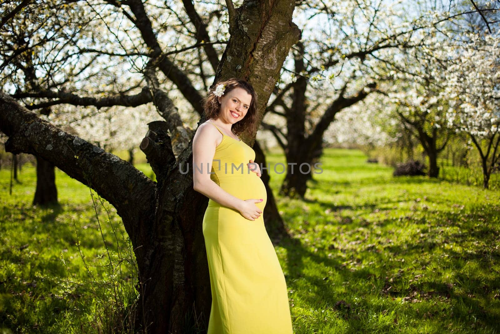 Beautiful pregnant woman relaxing outside in the Orchard