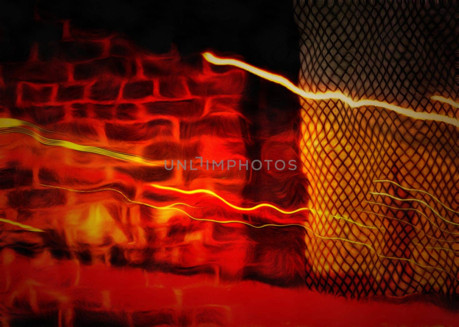 Modern art. Brick wall, city lights in the night.