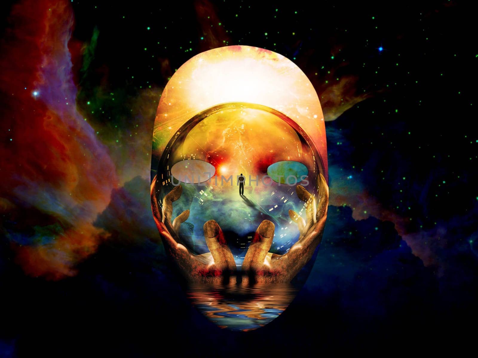 Mask with surreal painting in the space