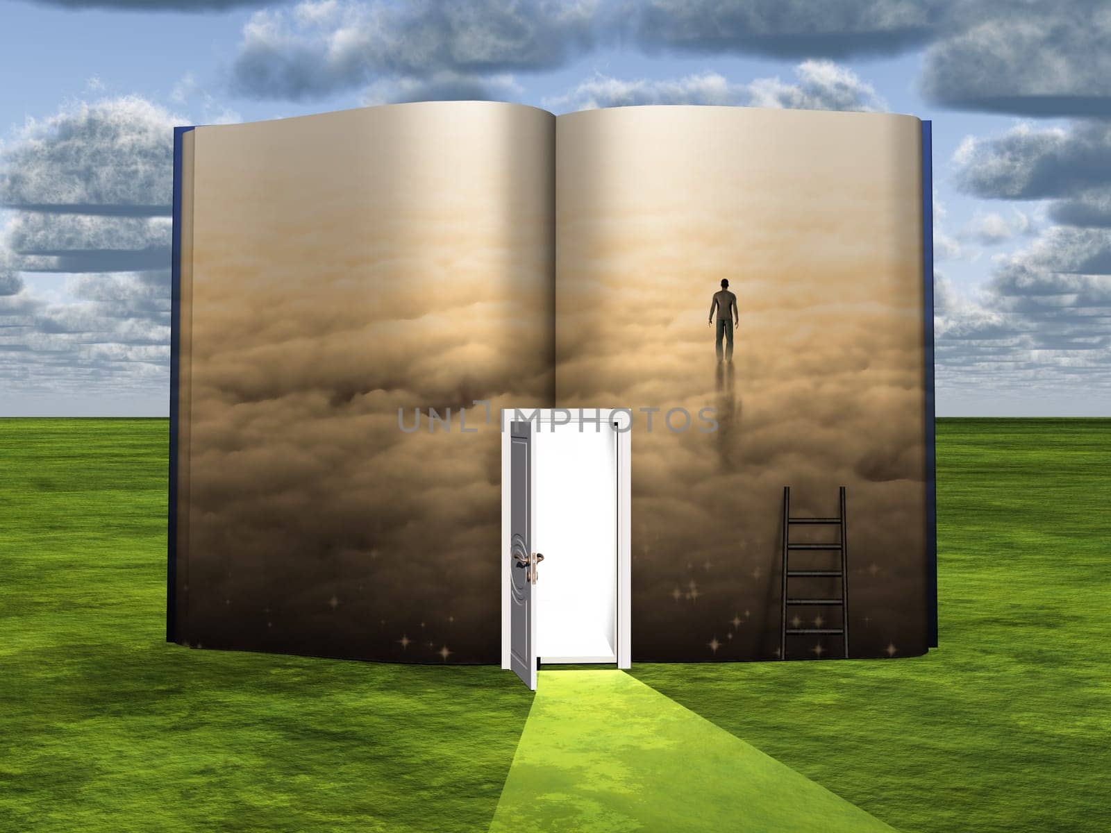 Surrealism. Book with opened door, ladder and figure of man in clouds.