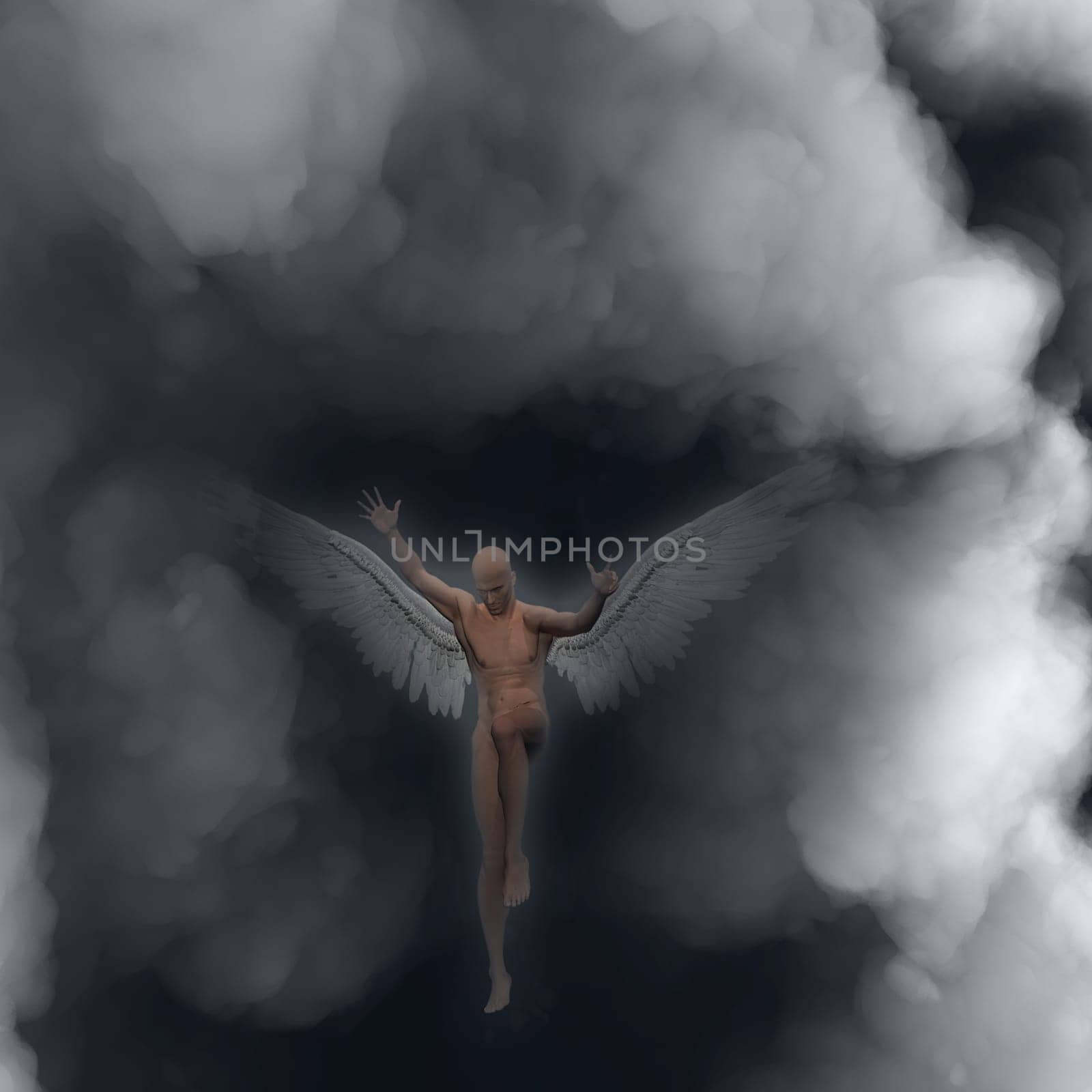 Surrealism. Naked man with wings represents angel.