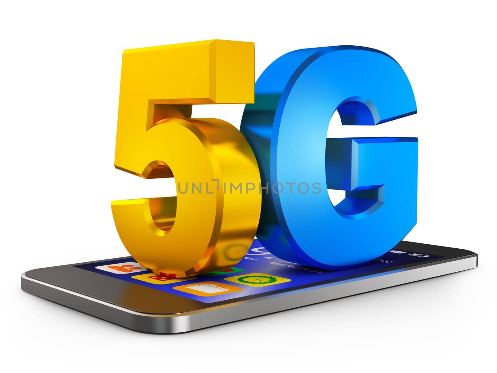 5G and  smartphone  on a white background. 3d rendering.