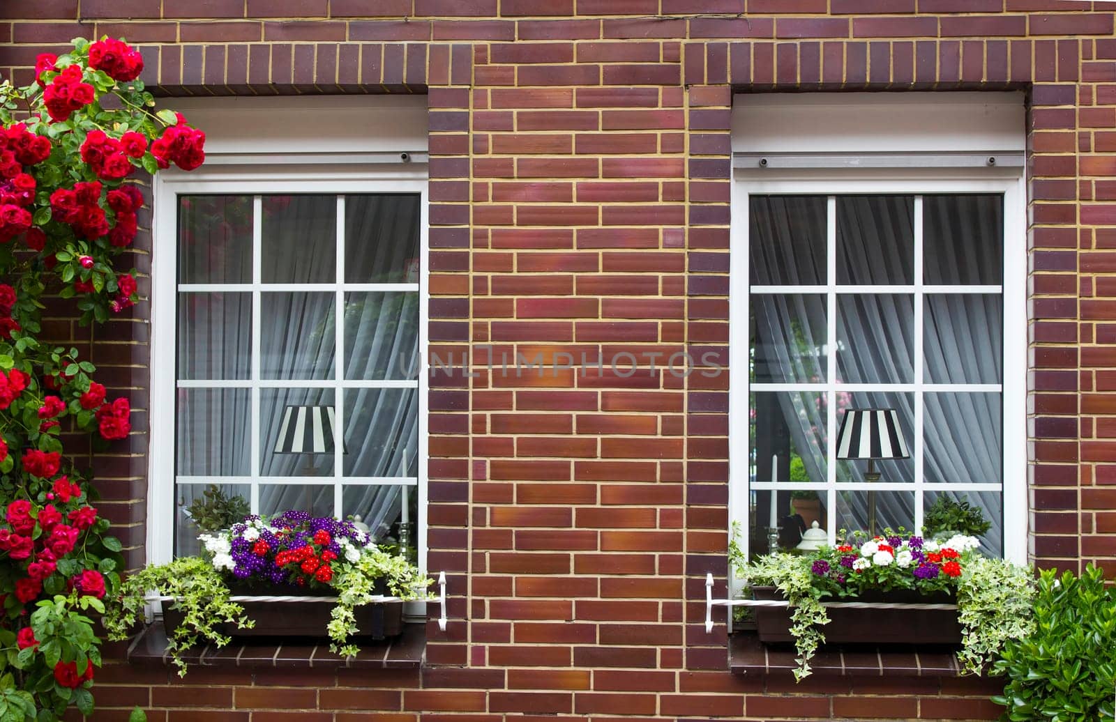 brick wall with windows and flower boxes with flowering plants, Geldern, Germany