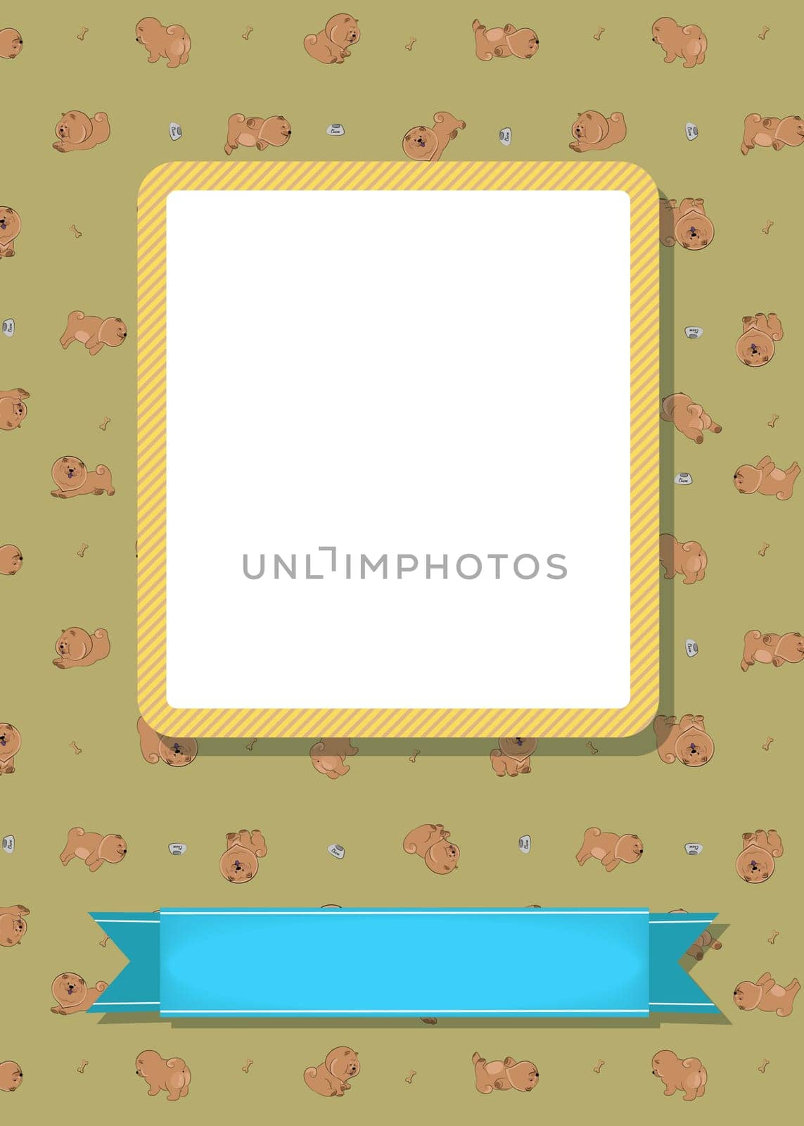 Funny greeting card. Cartoon brown dogs Chow-chow. Yellow frame for custom photo. Blue banner for custom text. Brown background