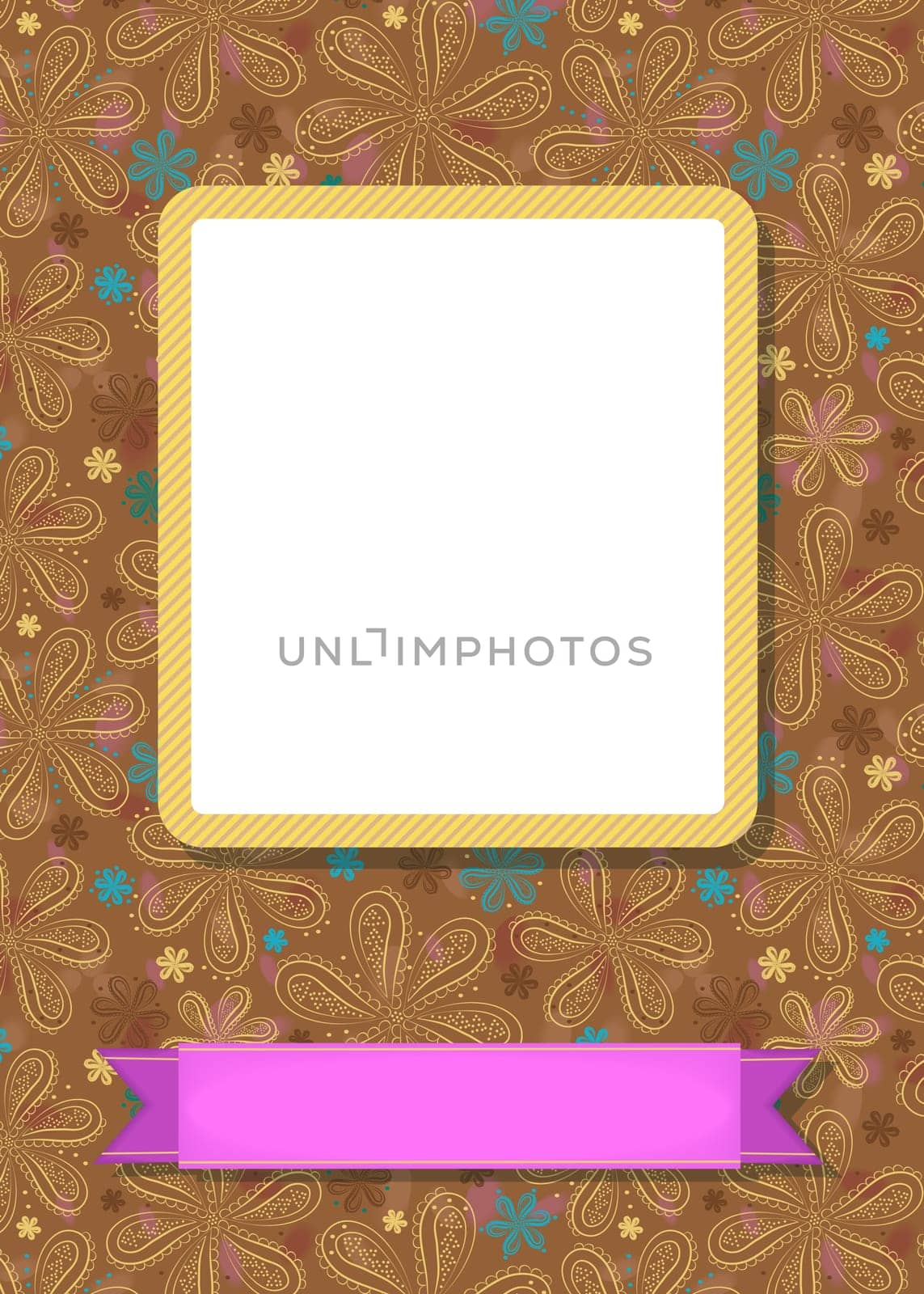 Graceful greeting card. Geometric floral pattern. Yellow frame for custom photo. Pink banner for custom text. Brown background