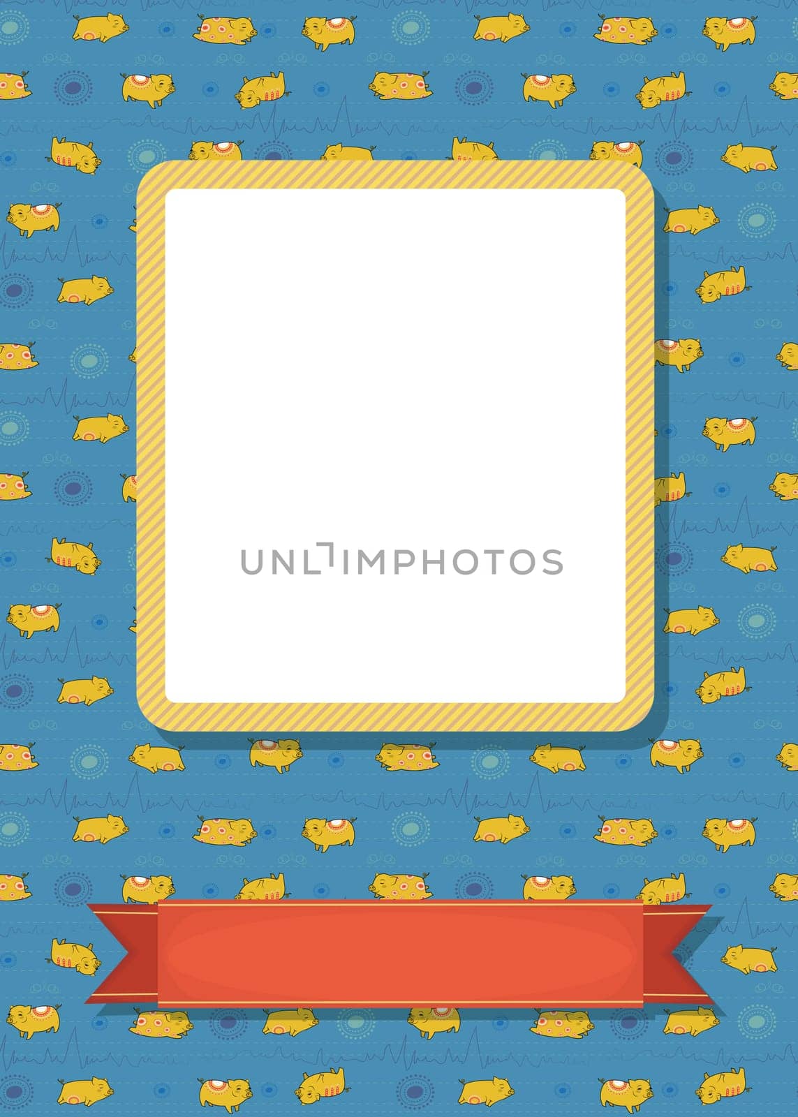 Funny greeting card. Cartoon yellow pigs with red decor. Yellow frame for custom photo. Red banner for custom text. Blue background