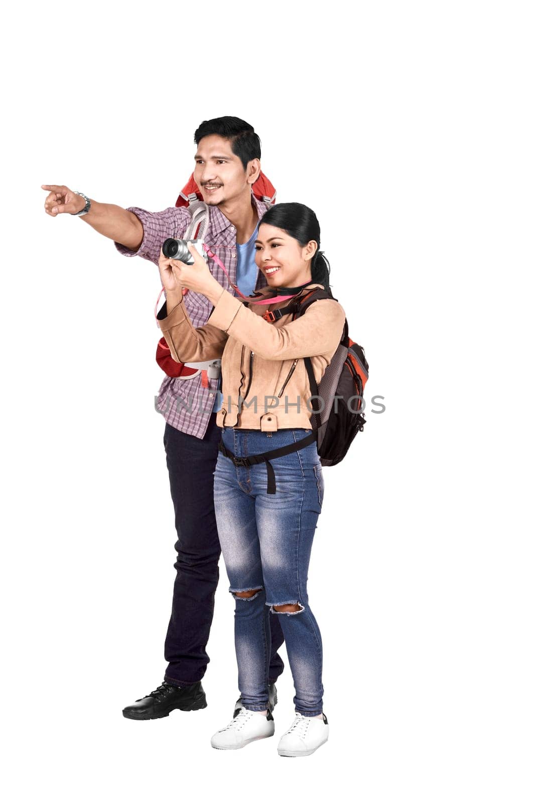 Images of asian couple traveler hunting a photos isolated over white background