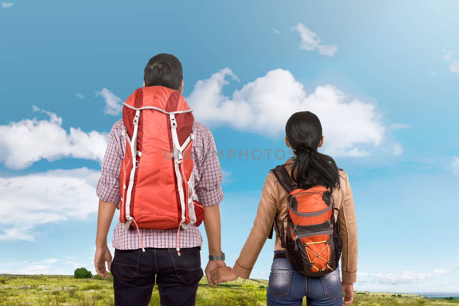 Back view of asian traveler couple looking at view together at sunny day