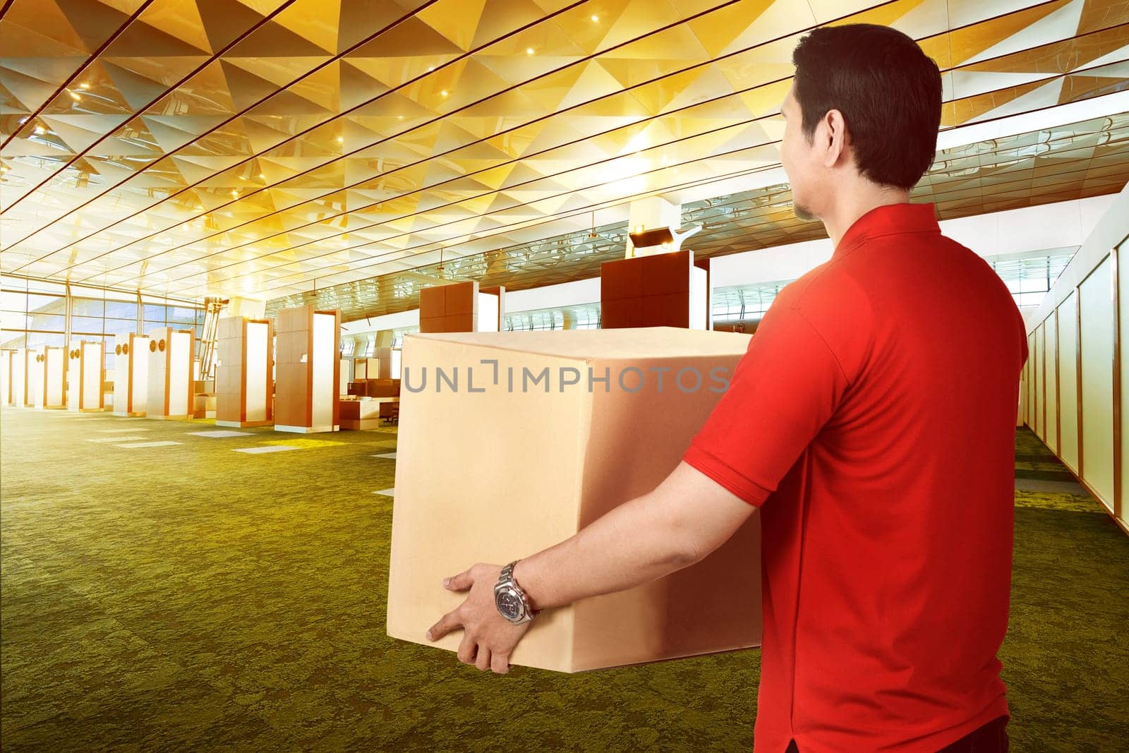 Professional asian male courier carrying parcel for delivered to people