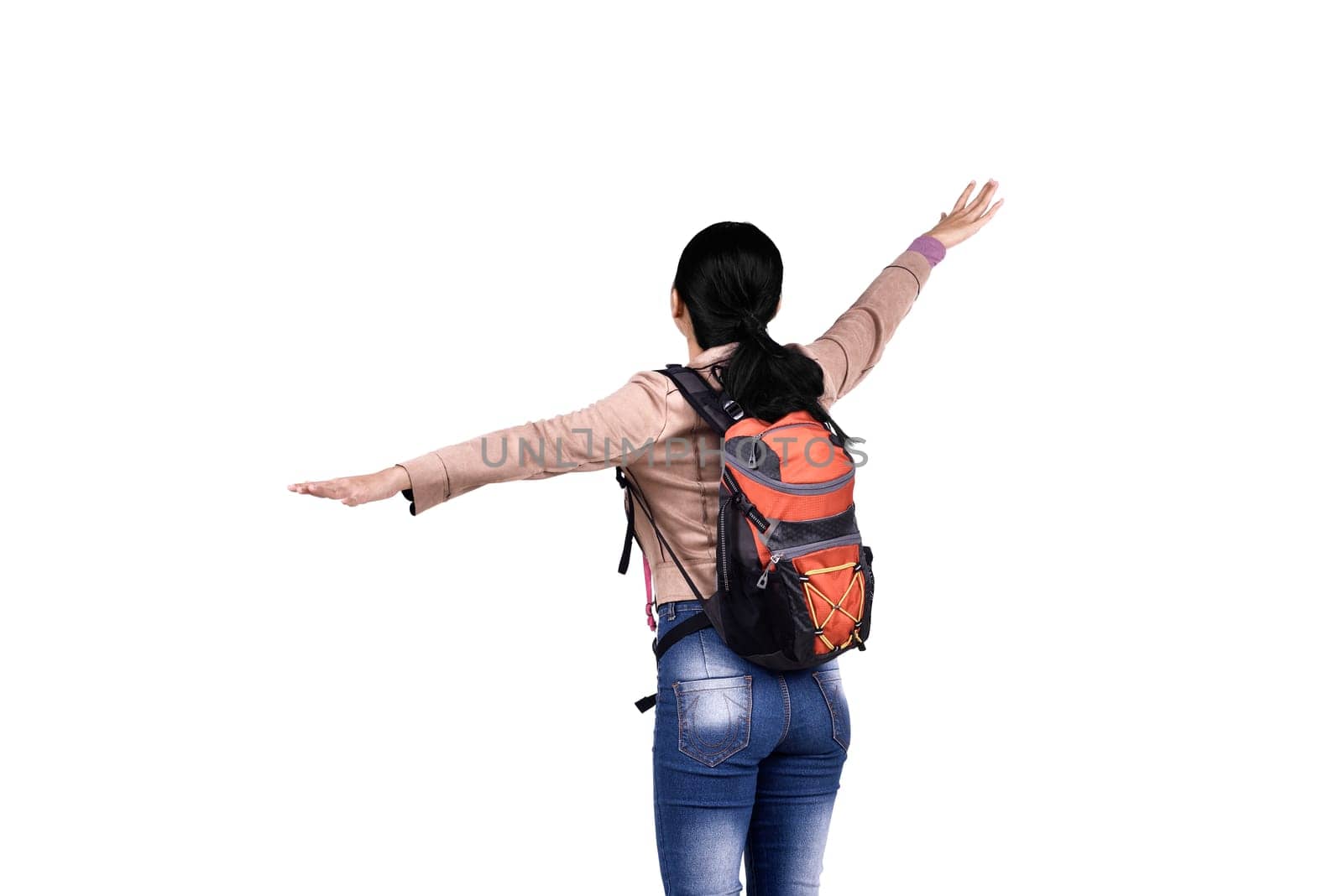 Images of asian tourist woman with excited expression posing isolated over white background