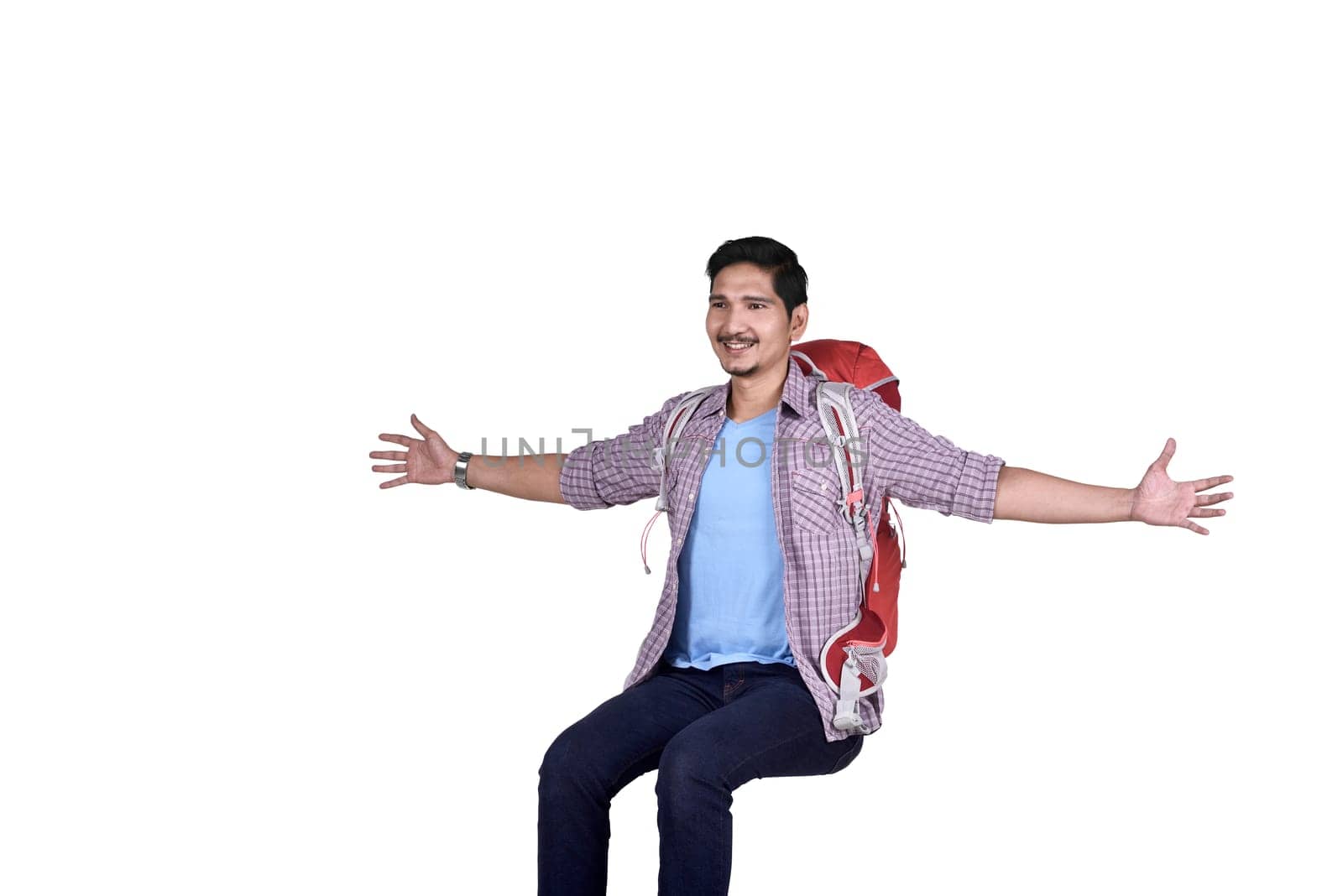 Images of asian traveler man enjoying with open hand isolated over white background