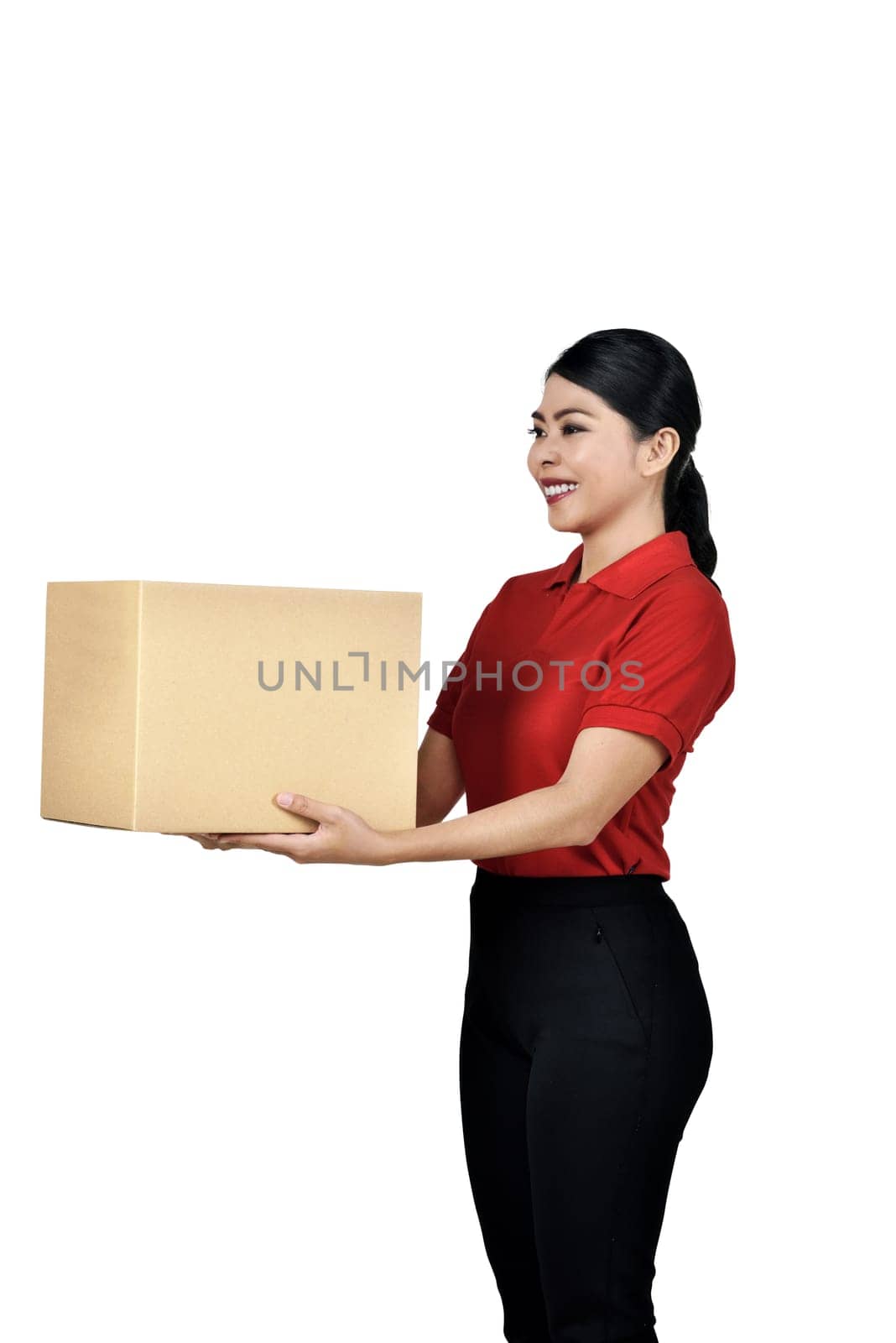 Images of asian female courier with cardboard boxes posing isolated over white background