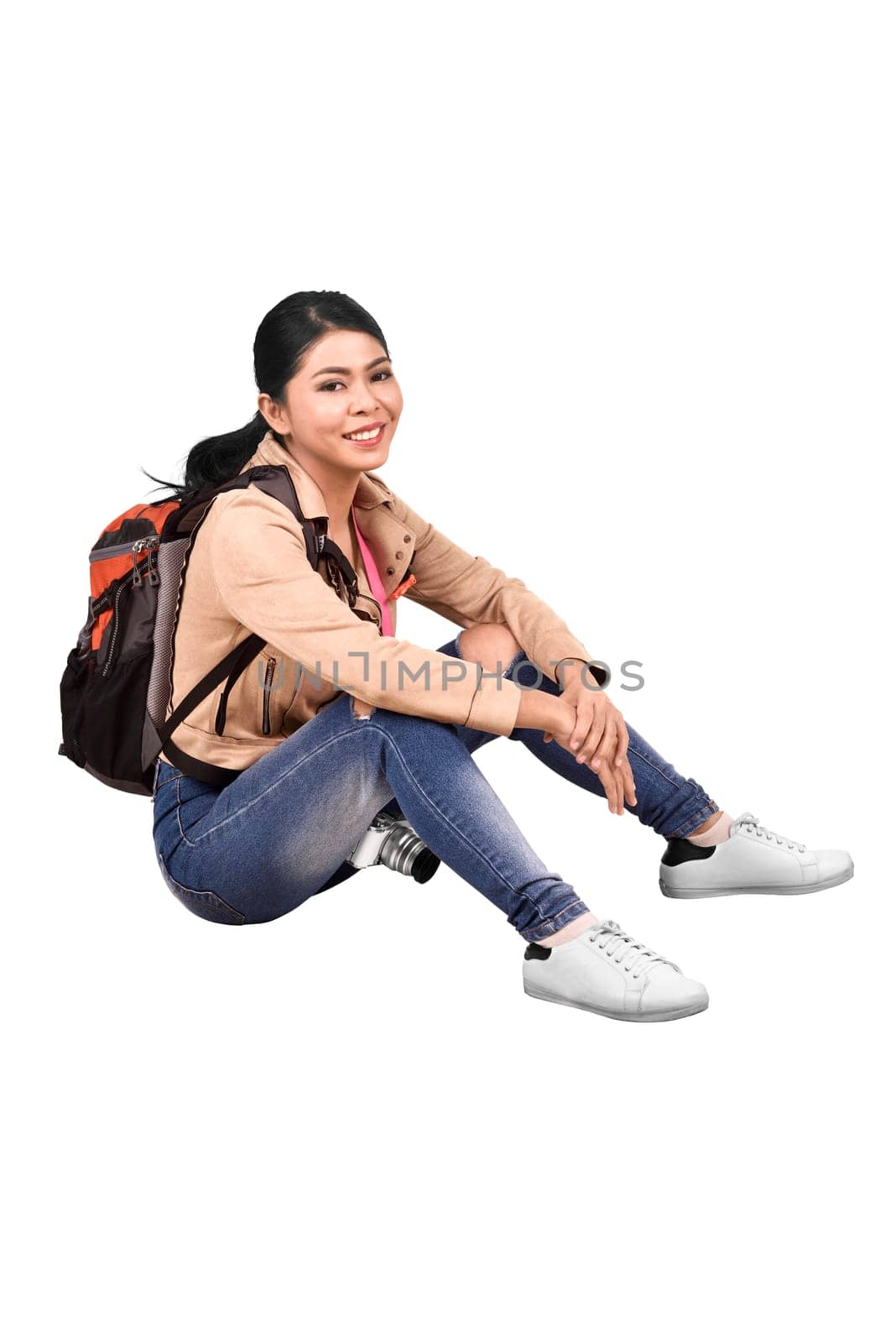 Images of asian traveler woman with backpack and camera sitting isolated over white background
