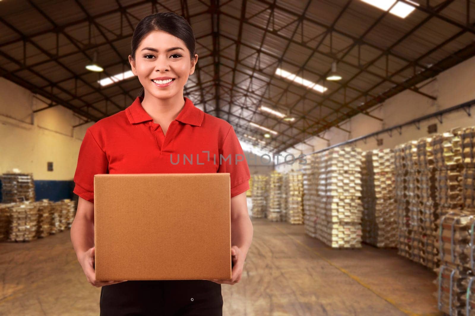 Beautiful asian delivery woman carrying boxes in the distribution warehouse