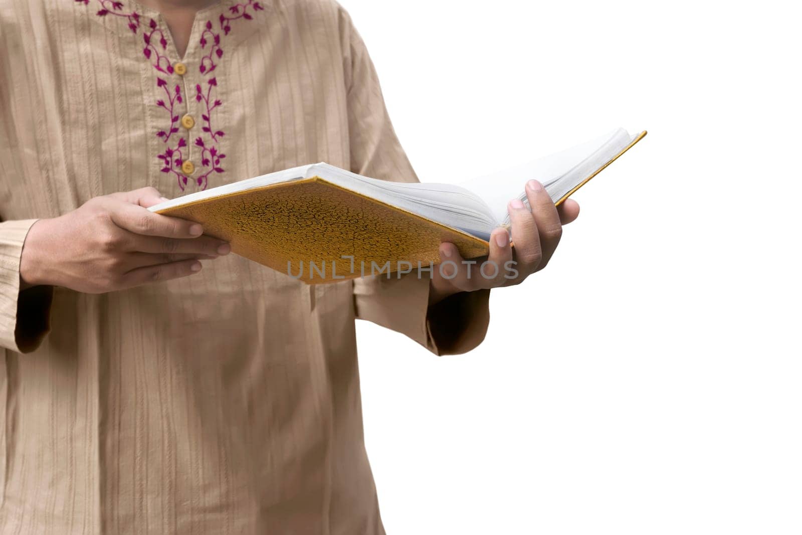 Muslim man reading the Koran isolated over white background