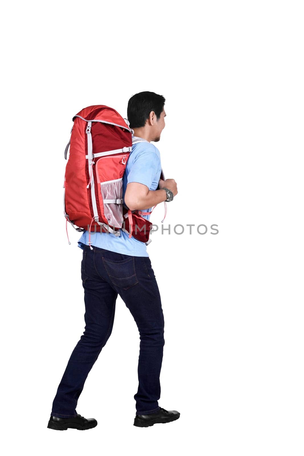 Images asian backpacker going traveling standing isolated over white background