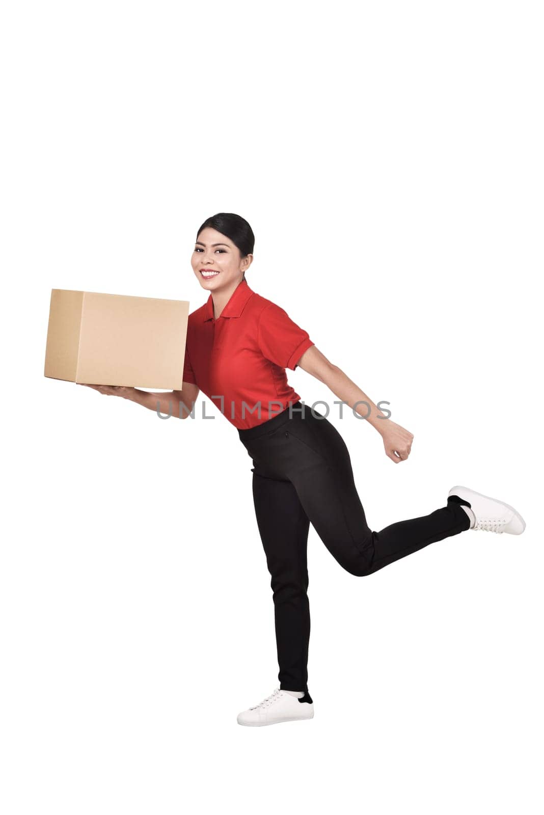 Images of asian courier woman delivering the parcel isolated over white background
