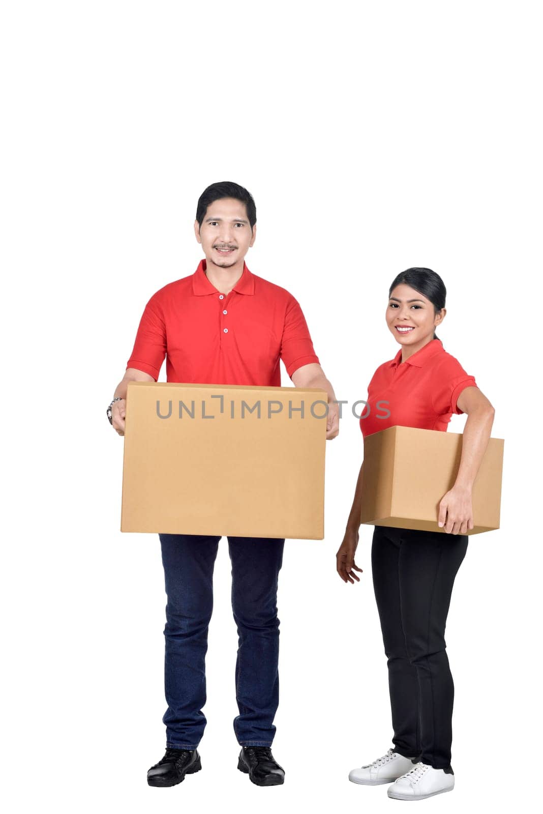Team of delivery courier with the package isolated over white background