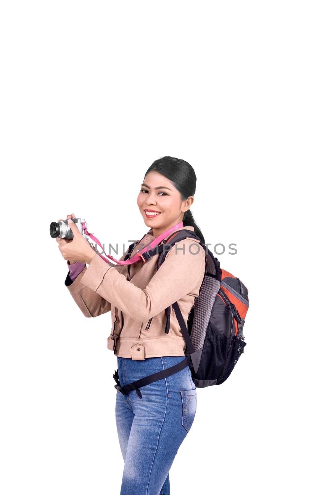Images of asian traveler with camera and backpack posing isolated over white background