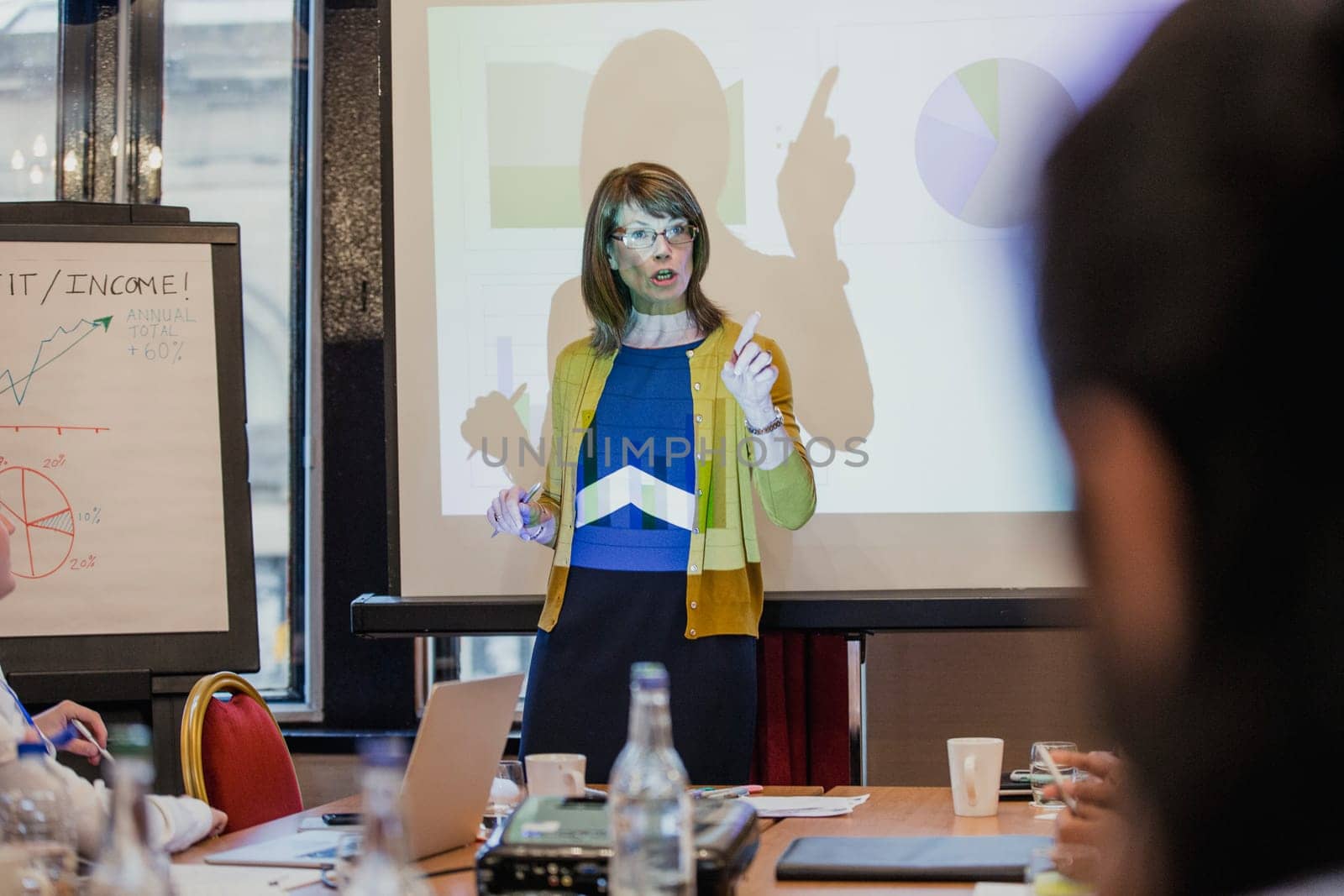 Point of view angle of a mature businesswoman giving a presentation during a staff meeting at work.