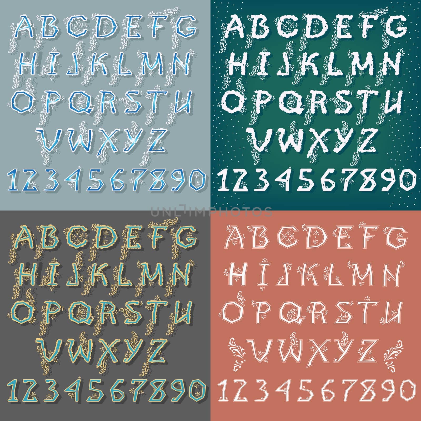 Set of Letters and Numbers. Winter White and Blue Alphabets with Geometric Decor. Illustration