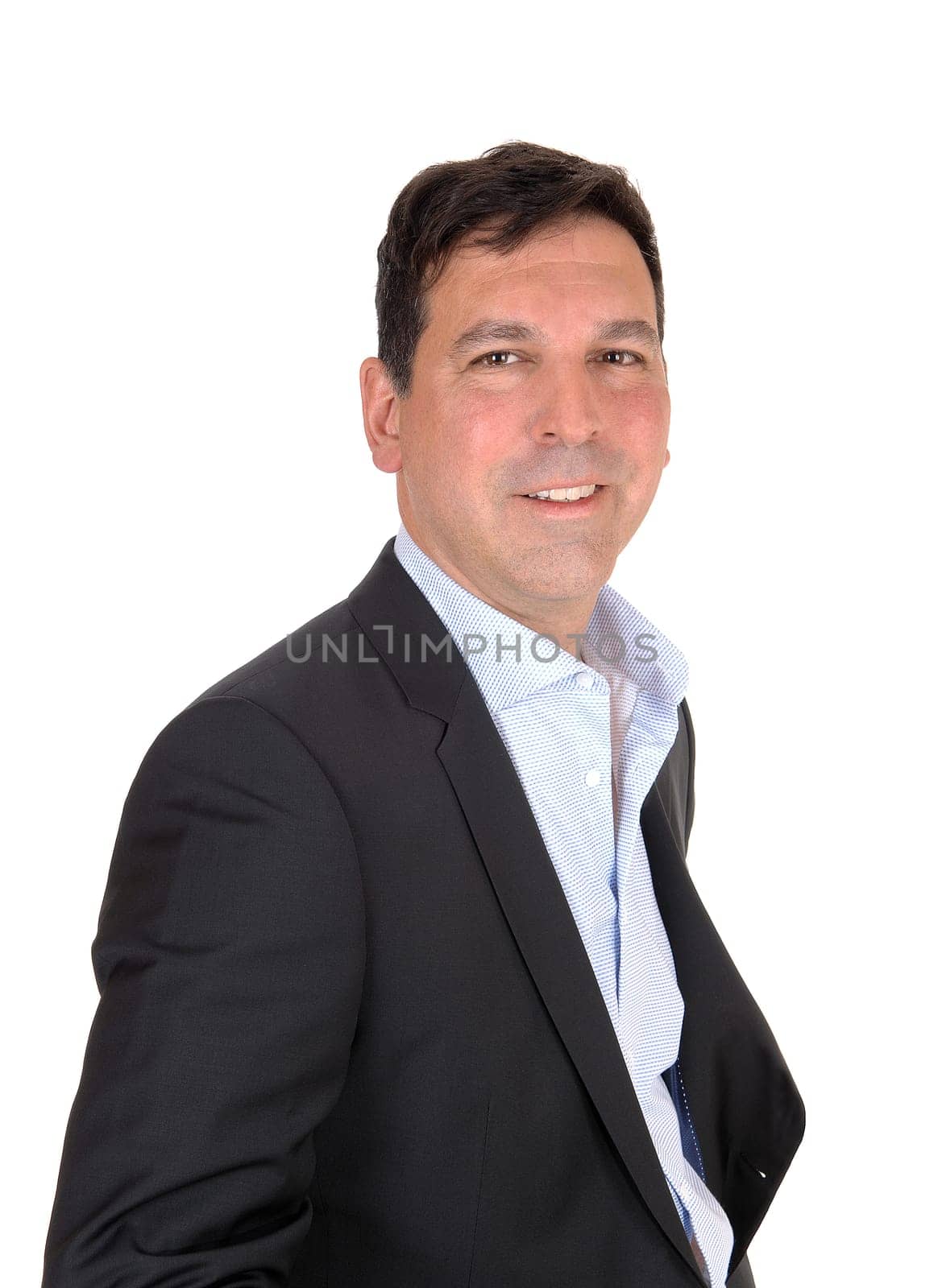 A close up image of a handsome middle age man in a suit, smiling into.the camera, isolated for white background.