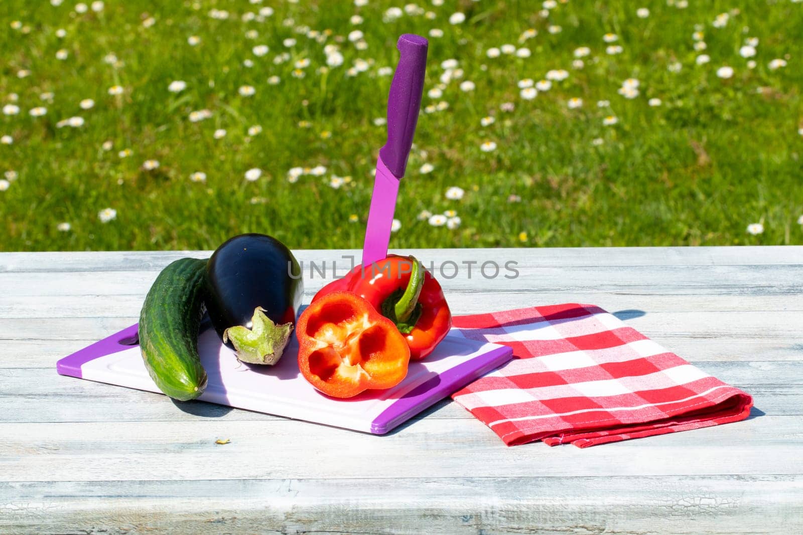Fresh vegetables on rustic bright wooden table with natural green background. Courgette, cucumber and paprika are on a cutting board. The paprika was freshly sliced. Concept health.