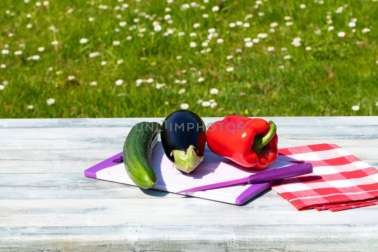 Fresh vegetables on rustic bright wooden table with natural green background. Courgette, cucumber and paprika are on a cutting board. Concept health.
