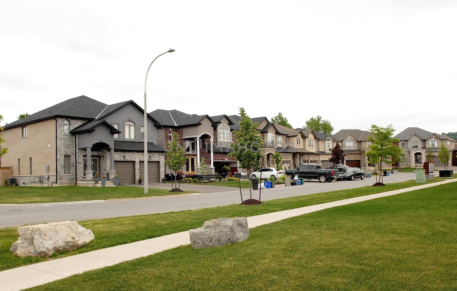 A suburban street with new big houses in the summer time whit cars.in the drive way.