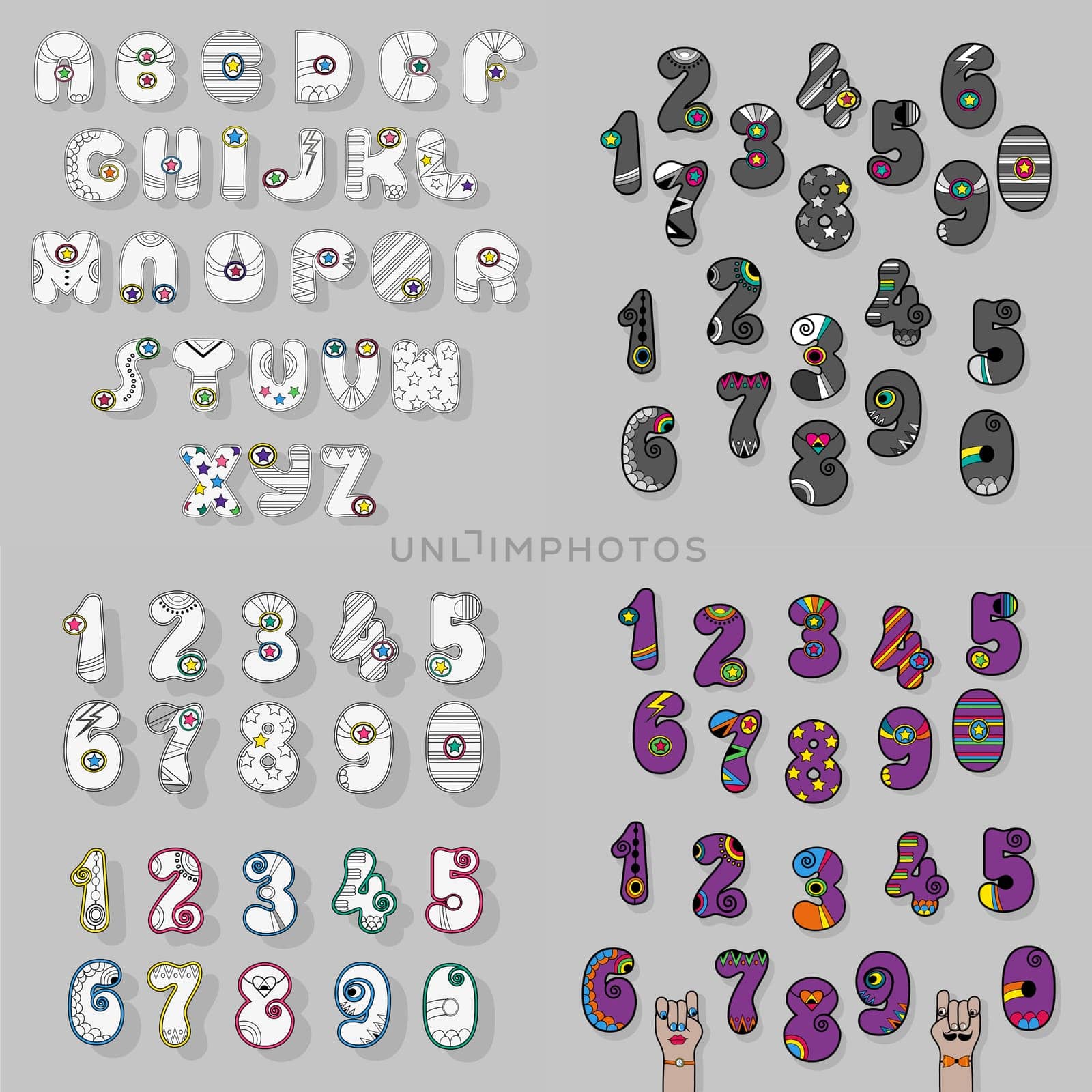 Set of Letters and Numbers. White, Gray and Purple symbols with Super Hero Decor. Cartoon hands looking at each other.  Illustration