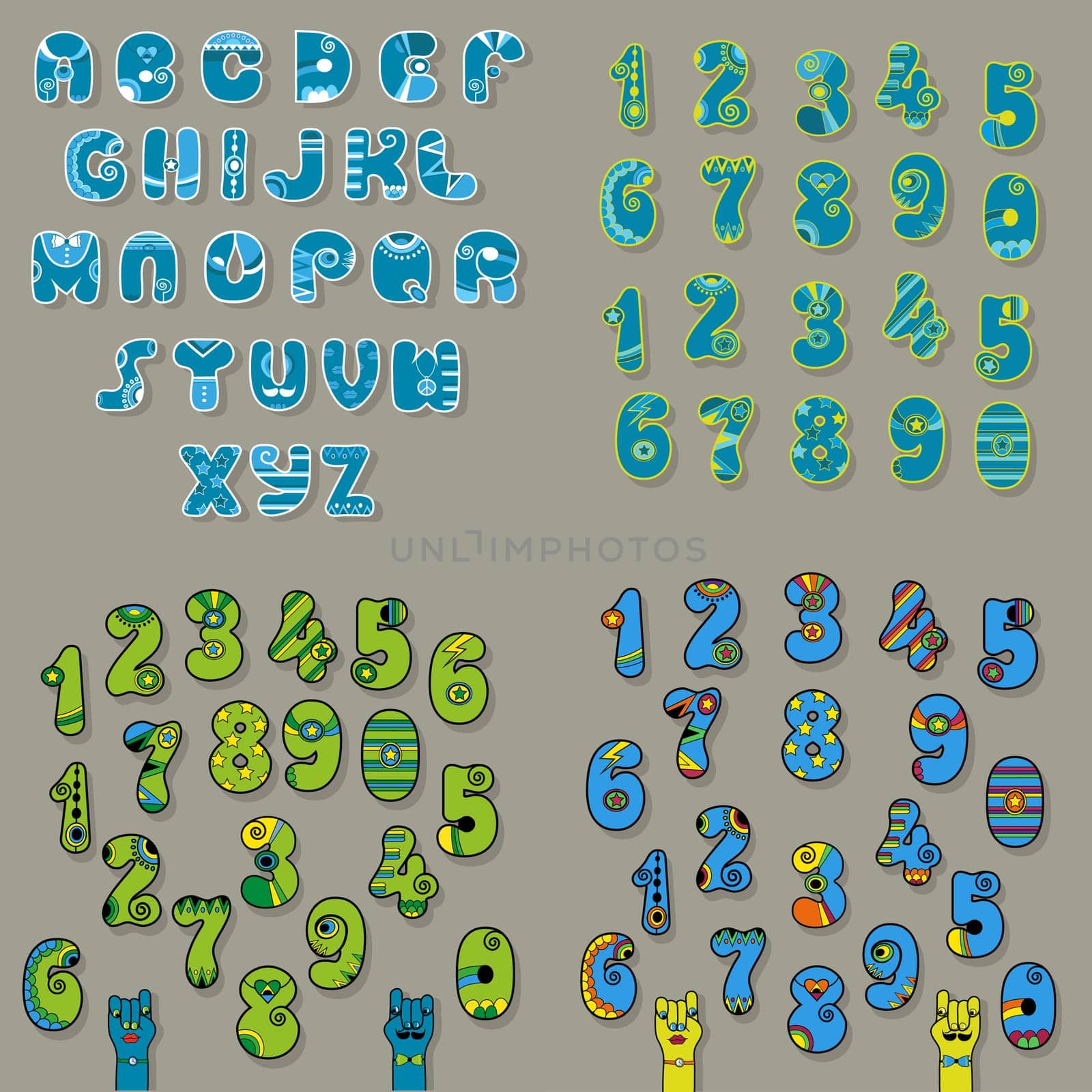 Set of Letters and Numbers. Blue and Green Alphabets with oriental decor. Cartoon hands looking at each other.  Illustration