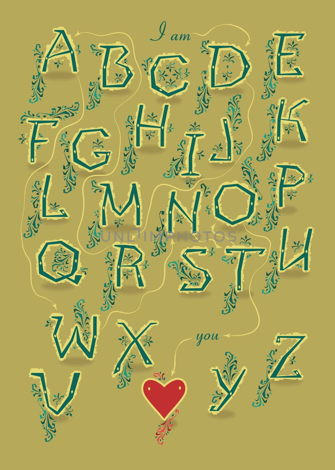 Artistic alphabet with encrypted romantic message I yearn for you. Yellow letters with floral decor. Watercolor graceful flowers and plants. Two red hearts are as the begining and the end of the message. Illustration